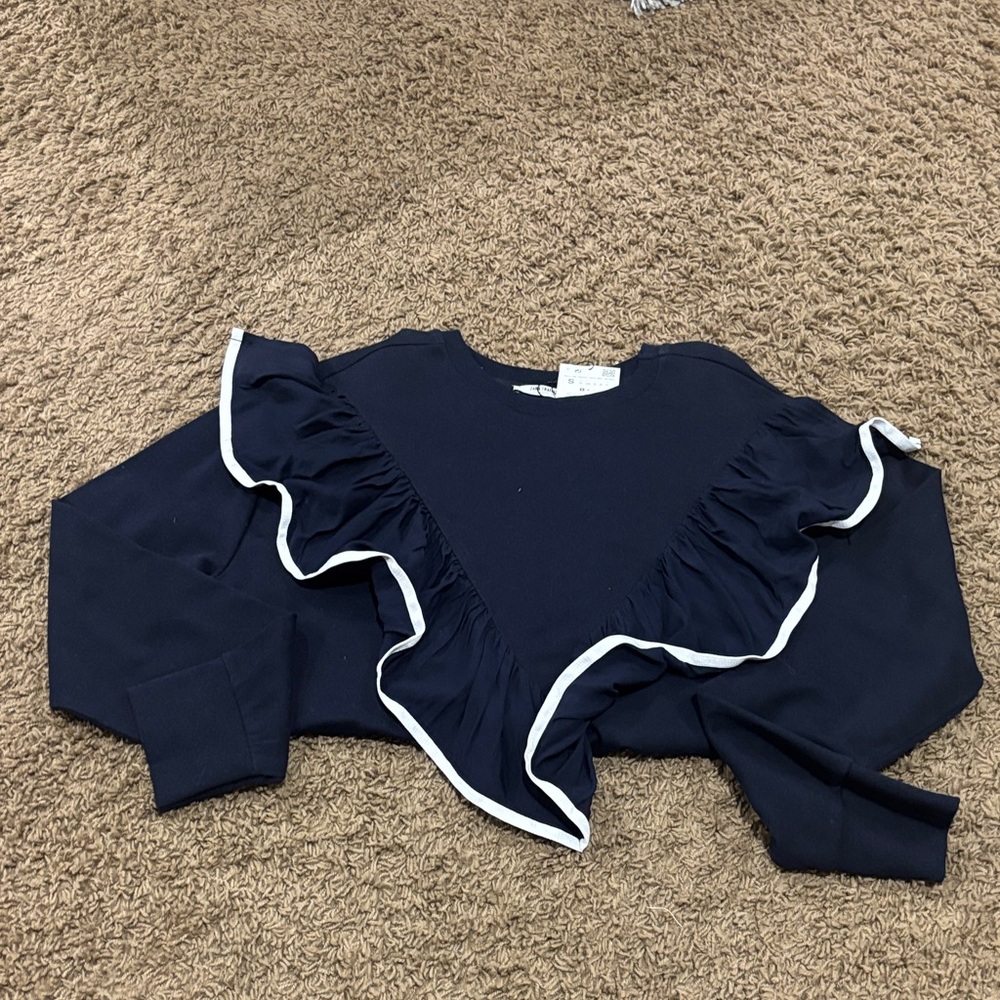 Zara Navy Sweatshirt with White Ruffle Trim
